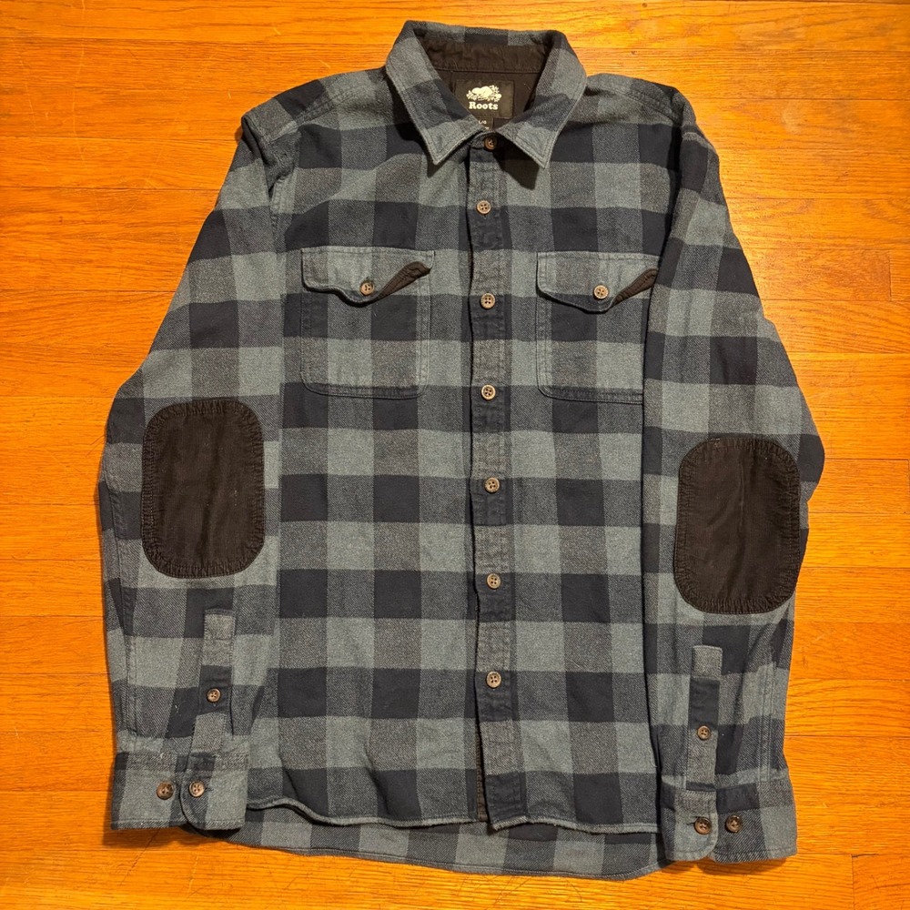 Roots Mens Blue Grey Buffalo Plaid Flannel Shirt Large Elbow Patches Mens Large